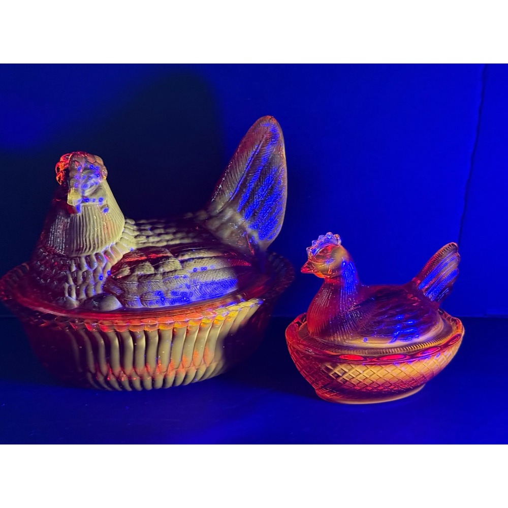 Vintage Amberina Glass Hen on Nest Set 2 Red Orange Cadmium Glow Trinket Dish